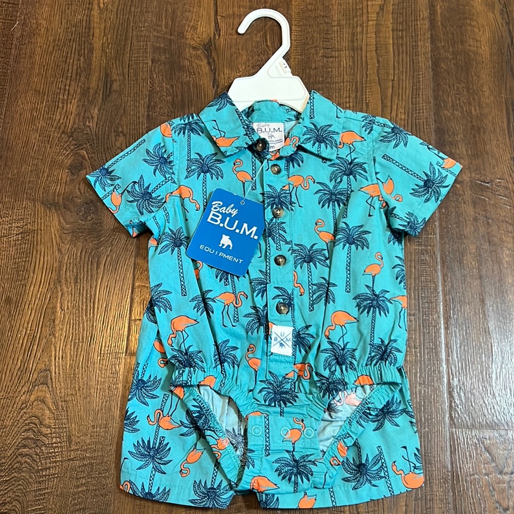 9 Months Baby B.U.M. Button down flamingo onesie with shorts